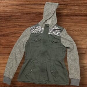Mudd Girls Army Green Hooded Jacket with Sequin & Drawstring Waist Size XXL 16